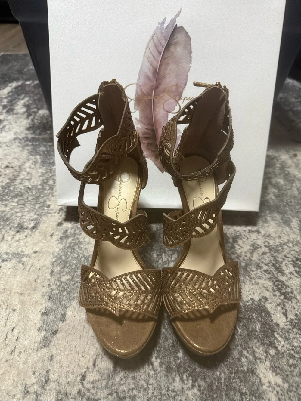 Jessica Simpson Bronze Metallic Laser-Cut Strappy Platform Heels